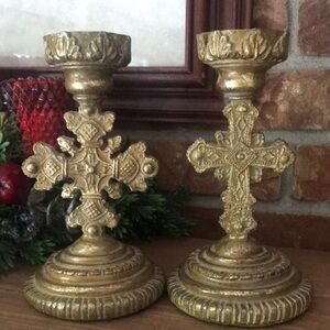 Rare Vintage Gold Cross Candle Holders Set